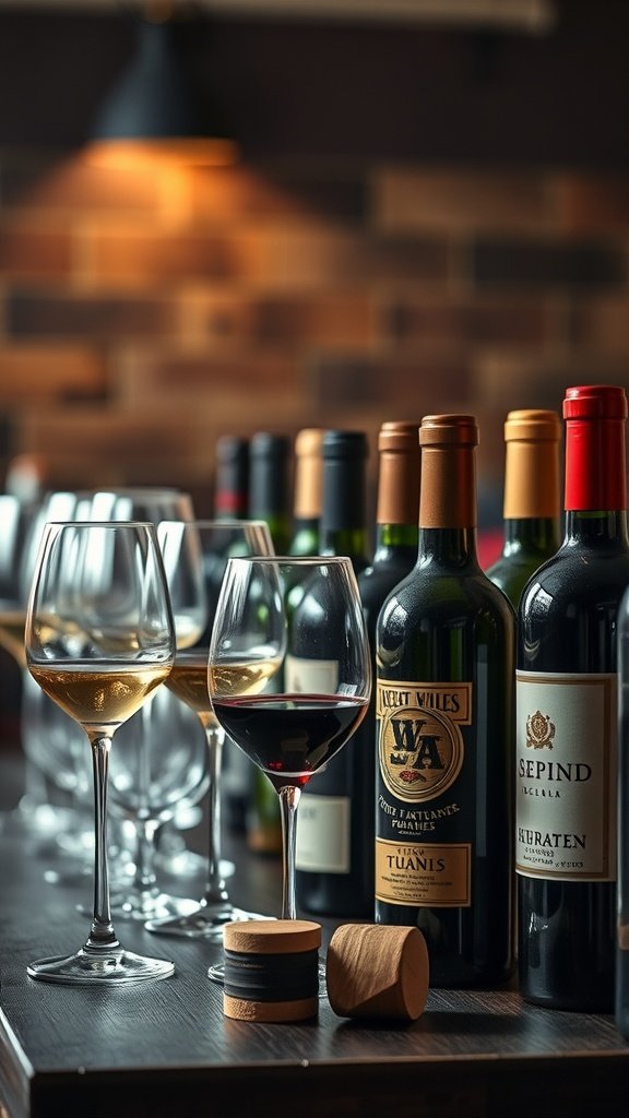 A selection of wine bottles and glasses ready for tasting, with a cozy ambiance.