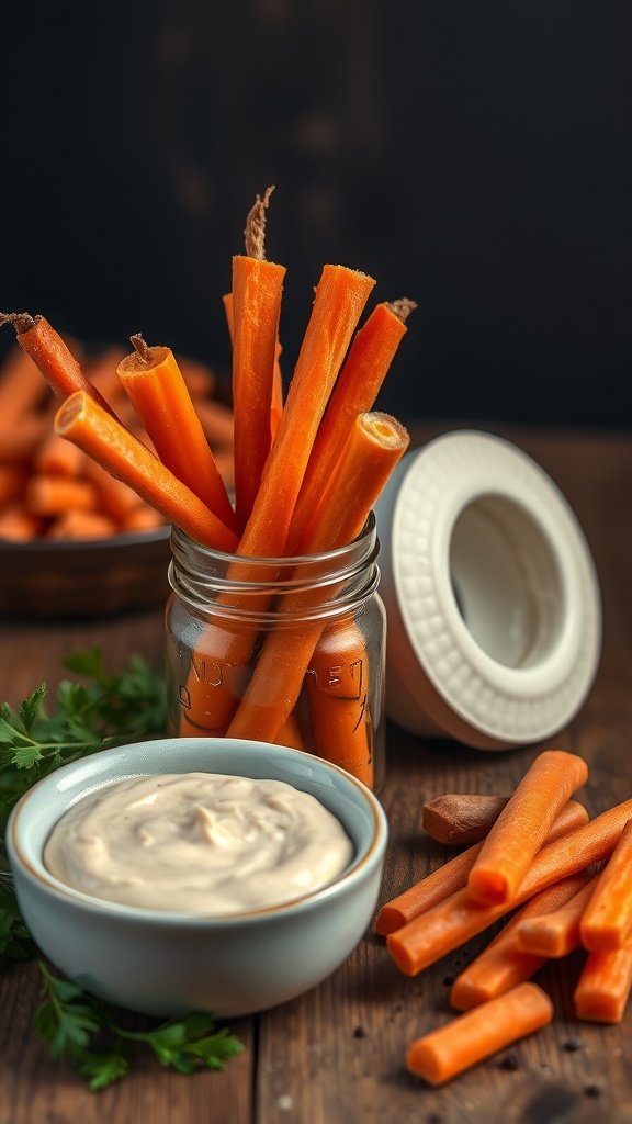 Zesty carrot sticks with a creamy tahini dip in a bowl
