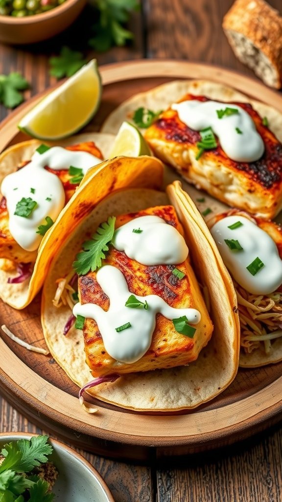 Zesty lime grilled fish tacos with sour cream and cilantro on a wooden plate.