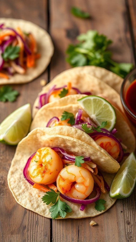 Zesty shrimp tacos with cabbage slaw and lime wedges on a wooden table.