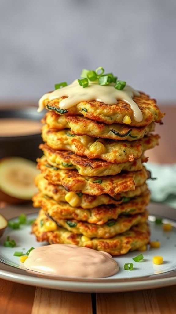 Zucchini and Corn Fritters stacked with sauce on the side