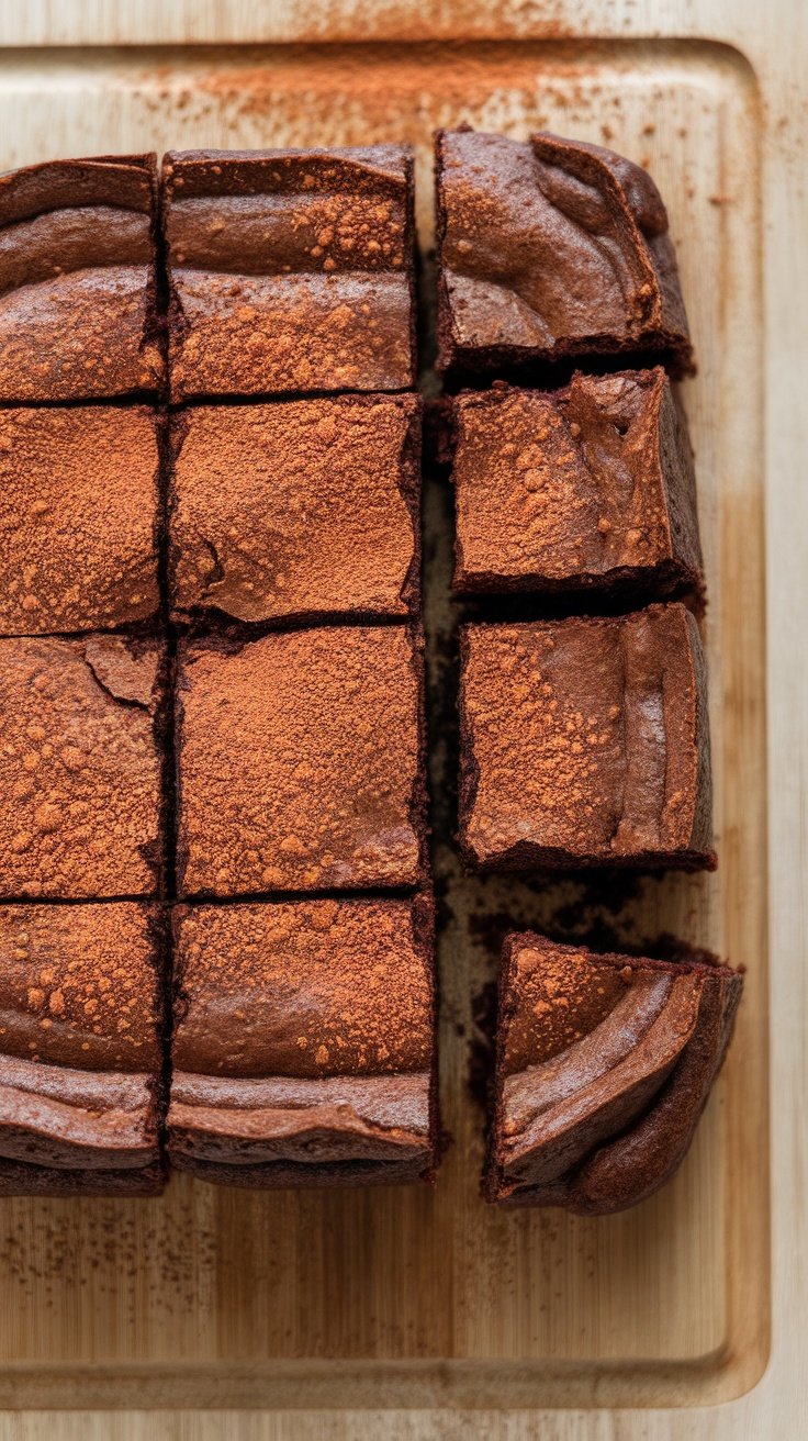 Delicious zucchini brownies dusted with cocoa powder, cut into squares on a wooden board.
