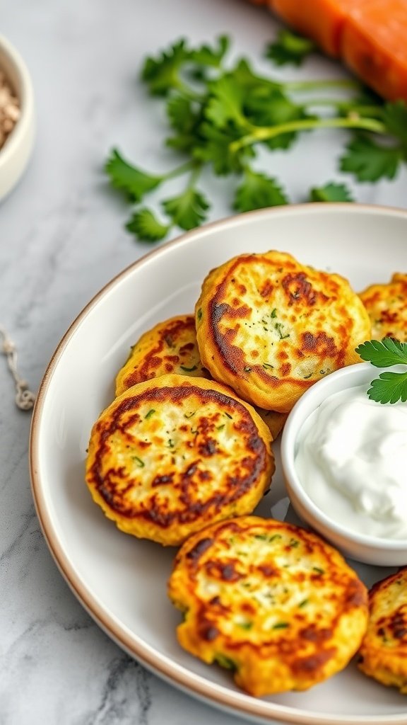 Zucchini fritters served with Greek yogurt dip, garnished with cilantro.