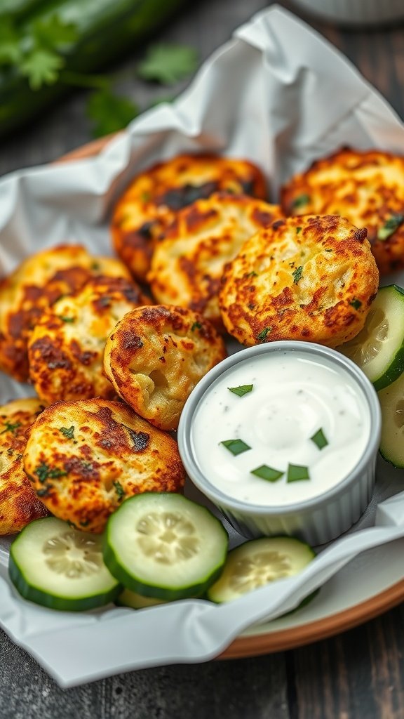 Zucchini fritters served with tzatziki sauce and cucumber slices