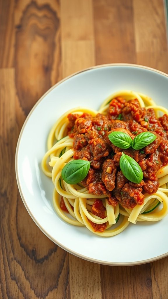 A plate of zucchini noodles topped with beef bolognese and fresh basil.
