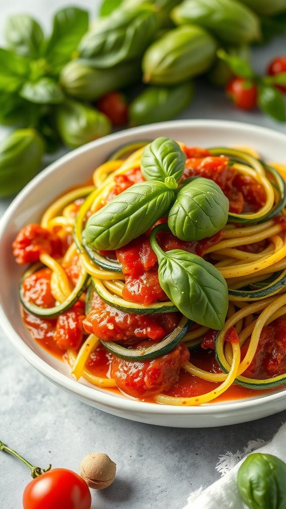 A bowl of zucchini noodles tossed in marinara sauce with fresh basil on top.