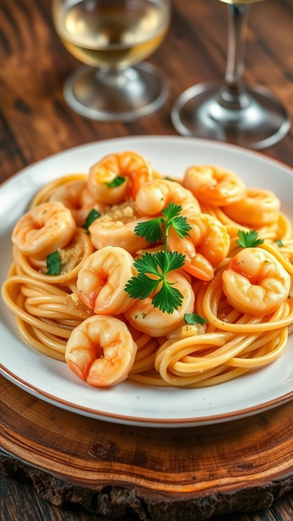 Rich Creamy Cheesy Shrimp Pasta Recipe Plate of creamy cheesy shrimp pasta with shrimp and parsley, served with a glass of wine.
