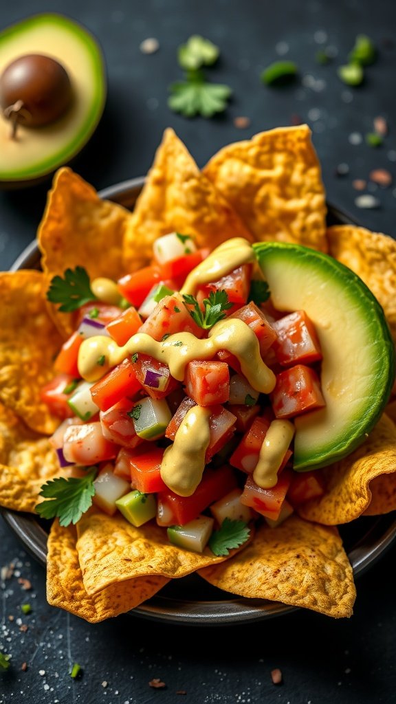 A plate of Ahi Poke Nachos with diced ahi tuna, avocado, and tortilla chips.