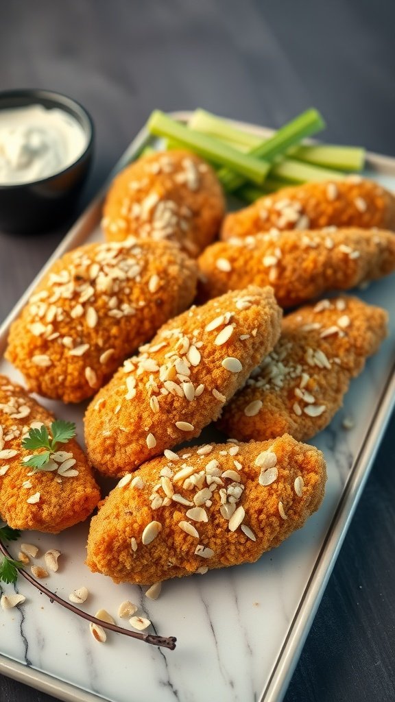 A plate of almond-crusted chicken tenders garnished with herbs and served with a dipping sauce.