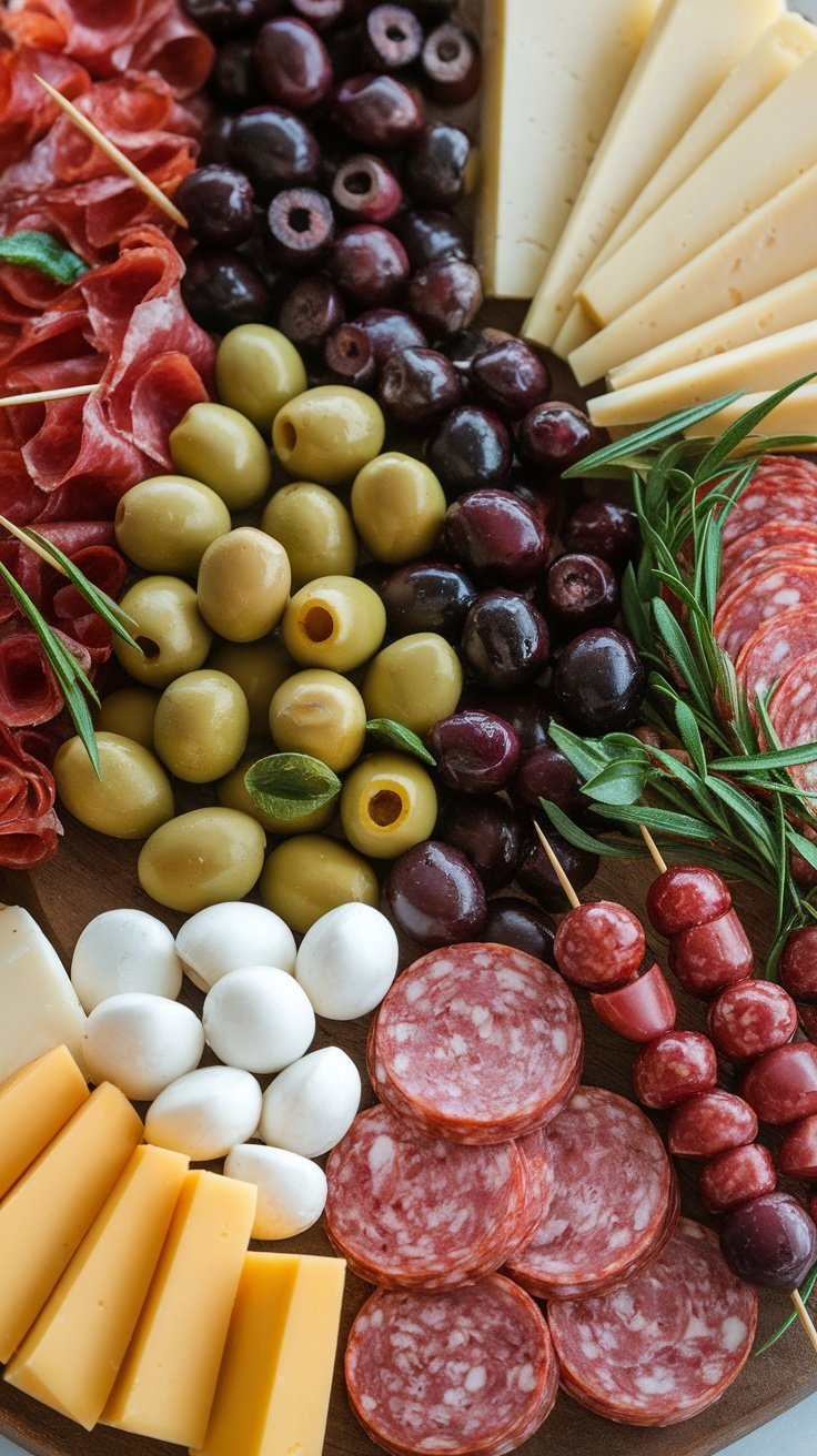 Antipasto skewers featuring olives, cheese, and meats arranged on wooden skewers.