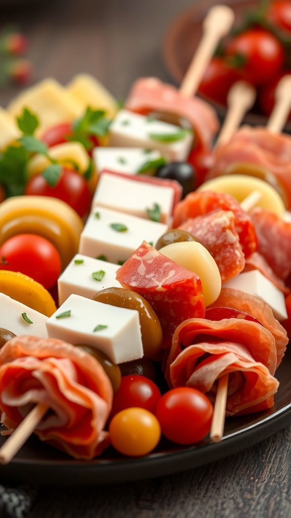 Delicious antipasto skewers featuring salami, cheese, cherry tomatoes, olives, and bell peppers.