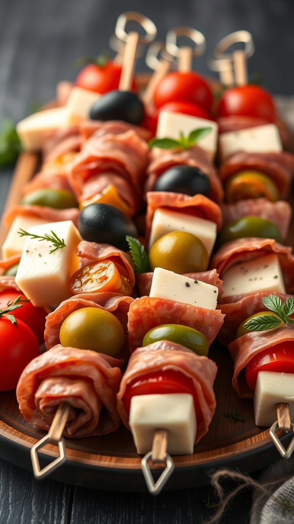 Antipasto skewers with salami, olives, and cheese