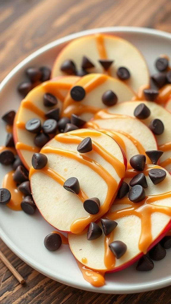 A plate of apple slices drizzled with peanut butter and sprinkled with chocolate chips.