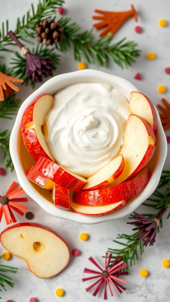 Apple slices arranged around a bowl of creamy yogurt dip
