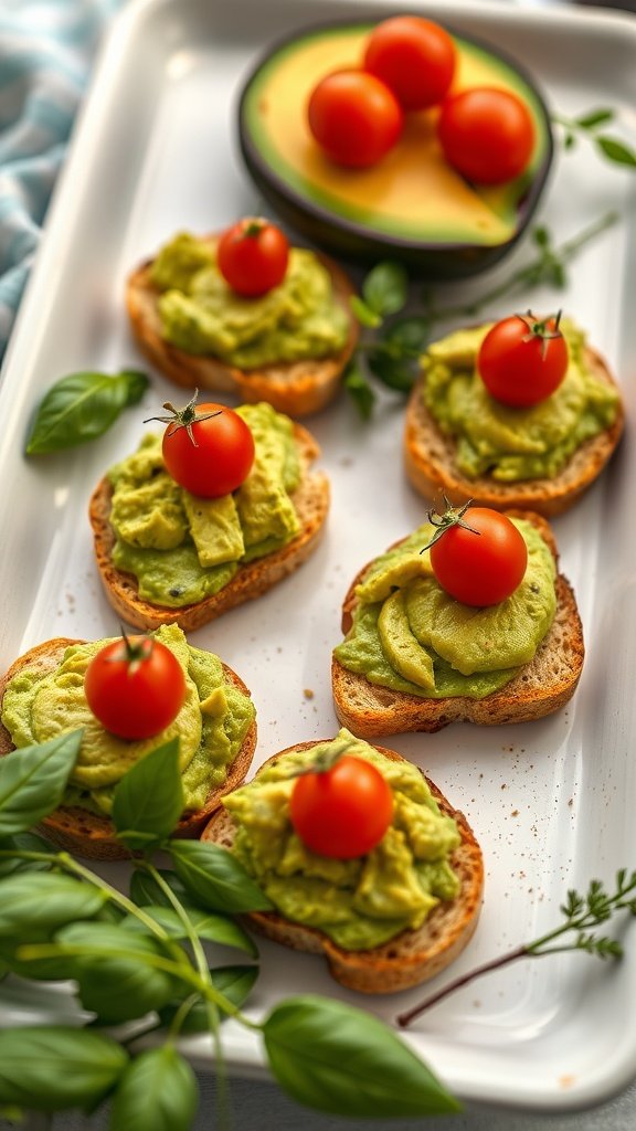 Avocado toast bites topped with cherry tomatoes on a serving platter.