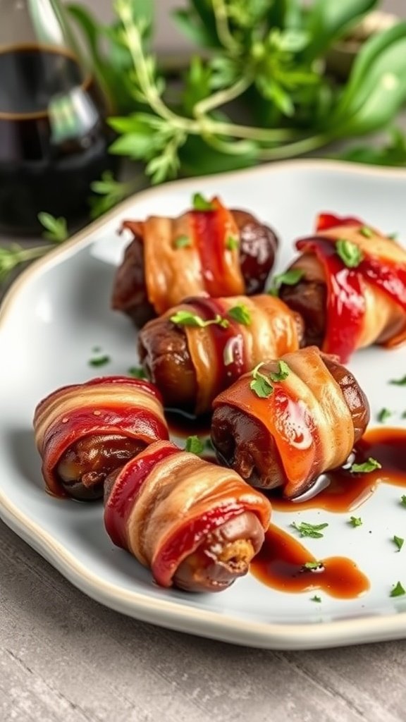 Bacon-wrapped dates on a plate