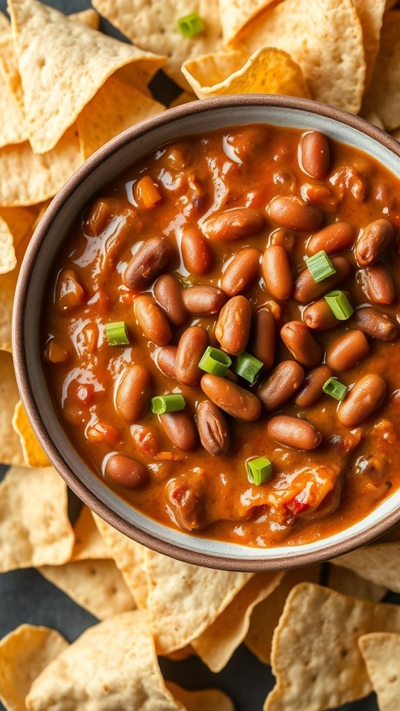 A bowl of baked bean dip surrounded by tortilla chips.