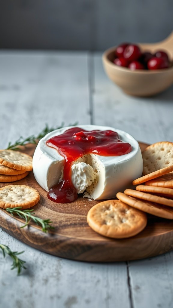 Baked Brie topped with cranberry sauce on a wooden platter with crackers