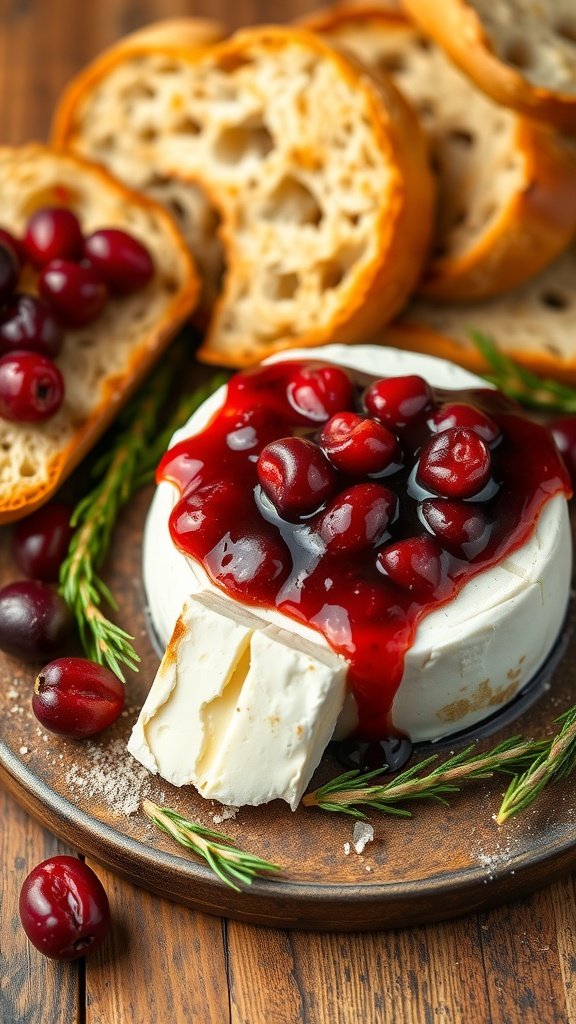 Baked Brie topped with cranberry sauce served with crostini.