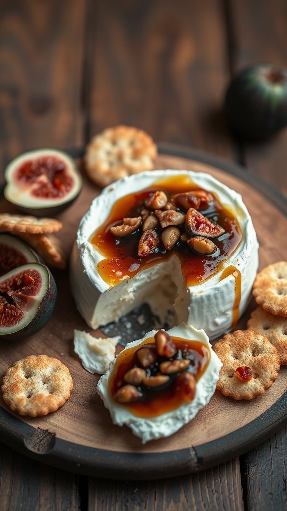 A round baked Brie topped with fig jam and nuts, surrounded by crackers and fresh figs.