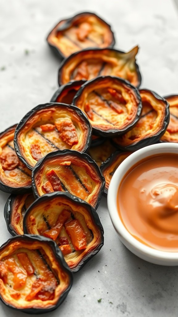 Baked eggplant chips served with a dip