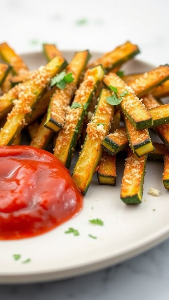 A plate of baked parmesan zucchini fries served with ketchup.