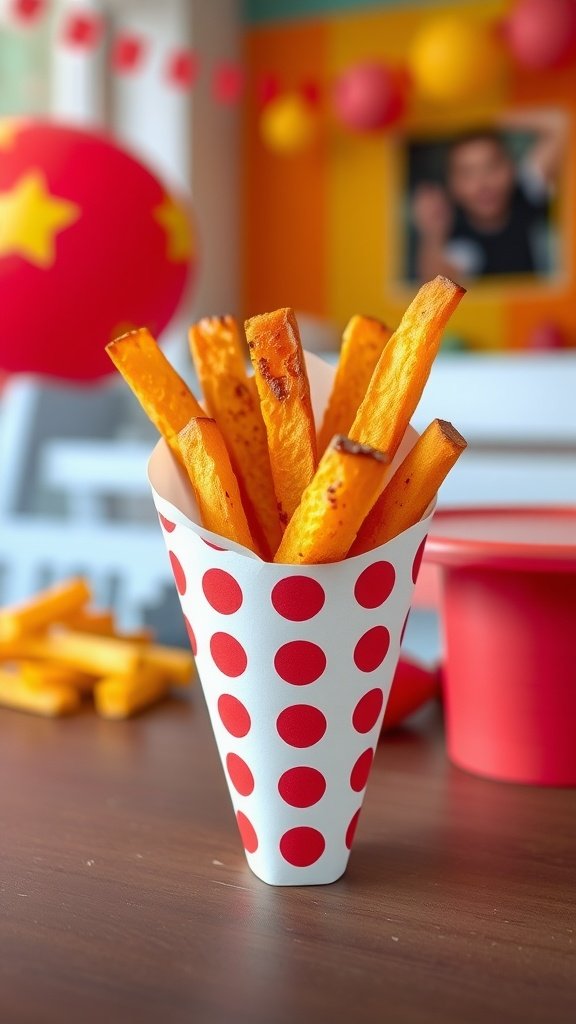 A cone of baked sweet potato fries with a playful design, ideal for kids.