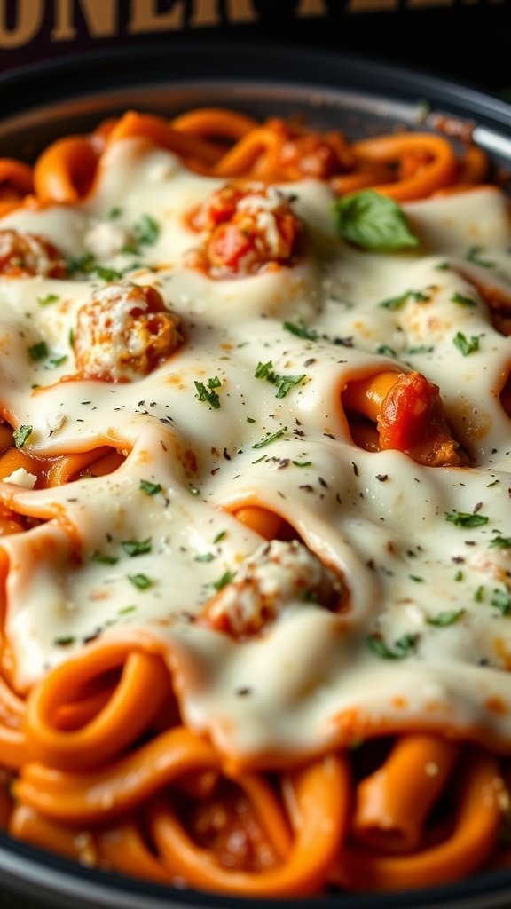 A delicious baked ziti topped with melted mozzarella and garnished with herbs.
