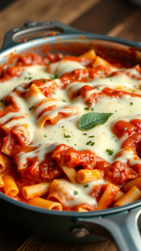 A delicious baked ziti dish topped with melted mozzarella cheese and garnished with herbs.