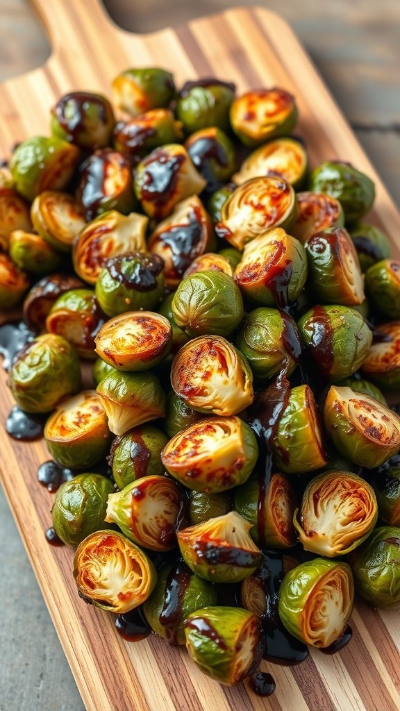 Balsamic Glazed Brussels Sprouts on a wooden platter
