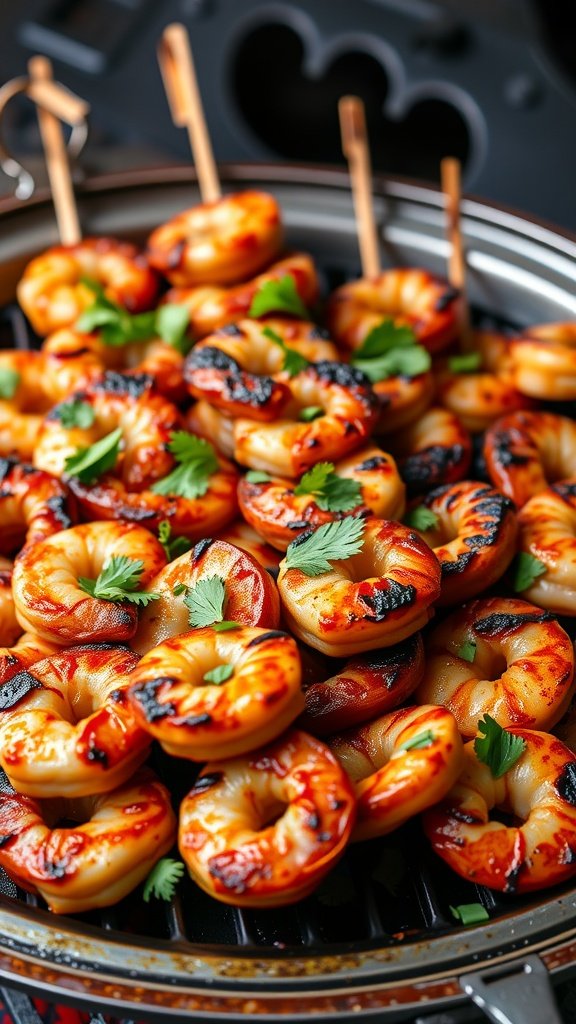 Delicious BBQ shrimp skewers garnished with cilantro, perfect for a finger food recipe.
