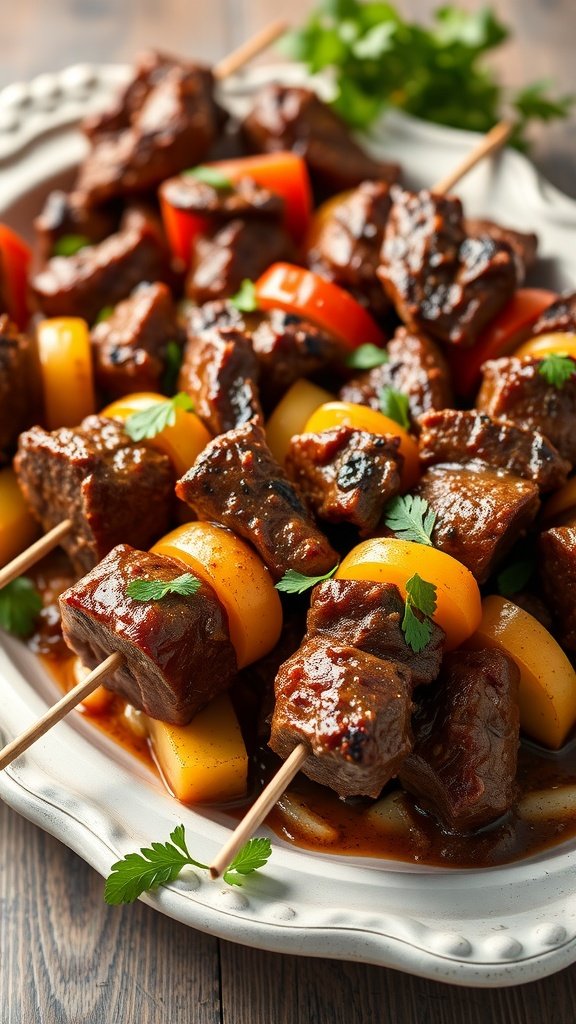 Delicious Beef Bourguignon Skewers with colorful vegetables on a serving platter.