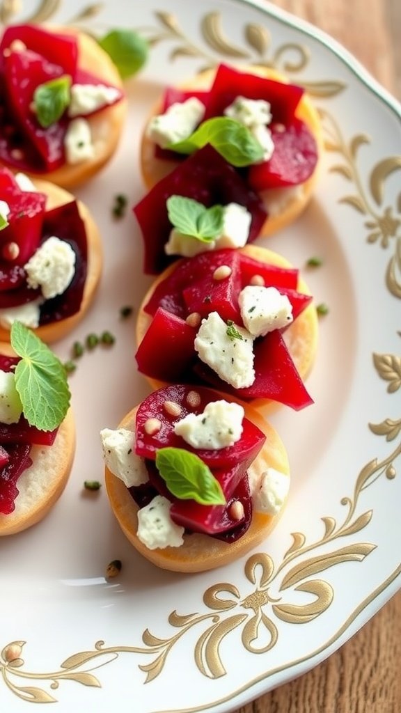 Plate of Beet and Goat Cheese Salad Bites garnished with herbs