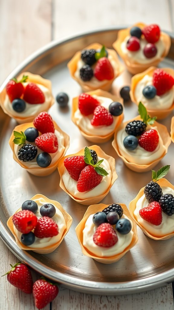 Delicious berry and cream cheese phyllo cups topped with fresh berries and mint on a silver tray.