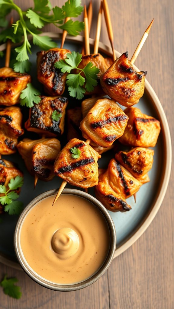 Delicious bite-sized chicken satay skewers served with peanut sauce.