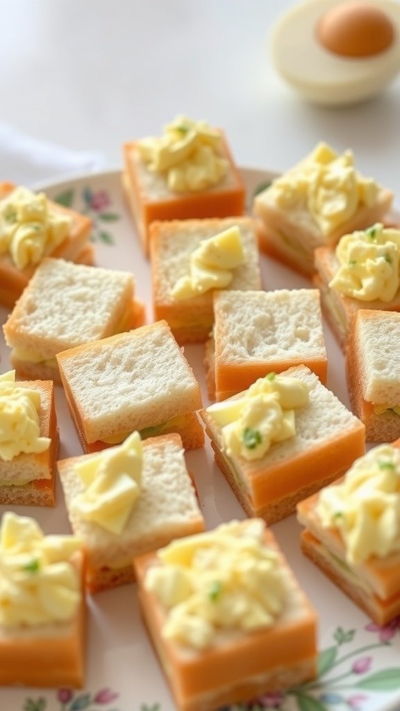 Bite-sized egg salad sandwiches arranged on a platter.