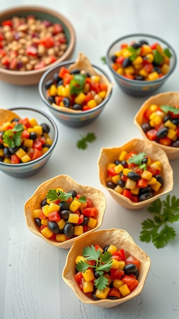 Colorful black bean and corn salsa served in crispy tortilla cups, garnished with cilantro.