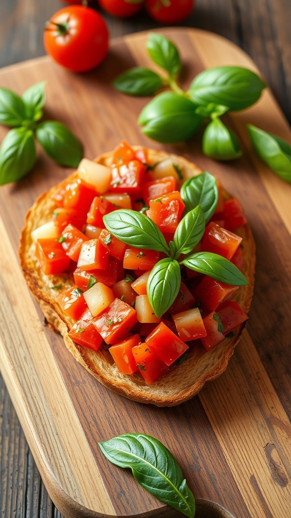 Bruschetta topped with fresh diced tomatoes and basil on a wooden board.