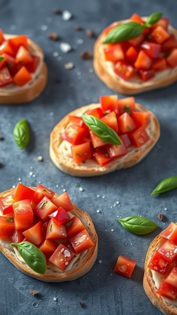 Bruschetta topped with diced tomatoes and basil on toasted bread slices.