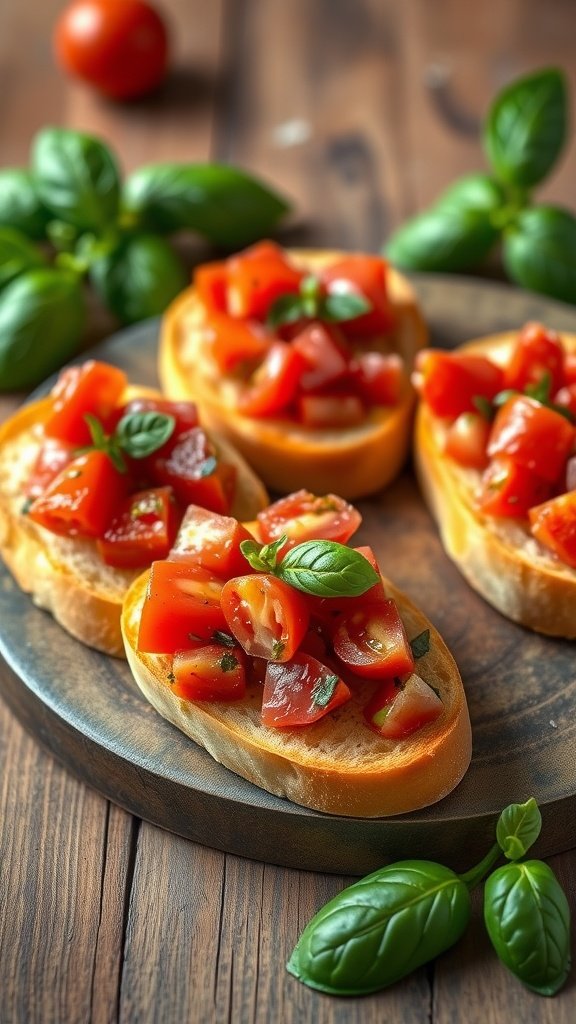 Bruschetta topped with tomatoes and basil on toasted bread slices.