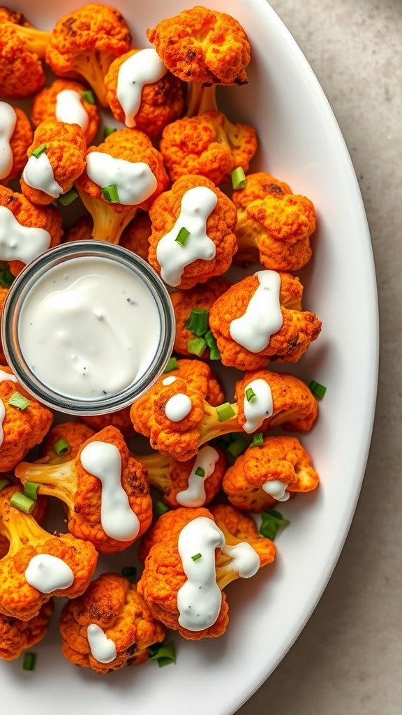 Buffalo Cauliflower Bites served with ranch dressing and garnished with green onions.