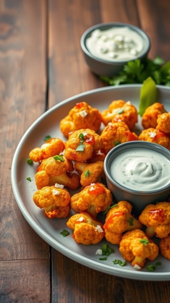 Buffalo Cauliflower Bites served with dipping sauce