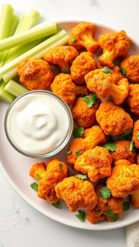 Plate of buffalo cauliflower bites with celery sticks and a bowl of ranch dip.