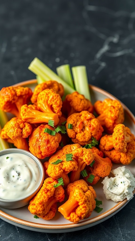 Buffalo cauliflower bites served with celery and blue cheese dip.