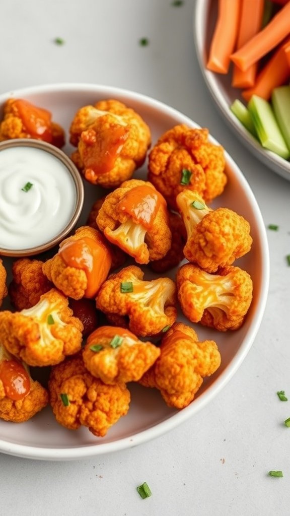 A plate of spicy buffalo cauliflower bites with a side of ranch dressing and fresh veggies.