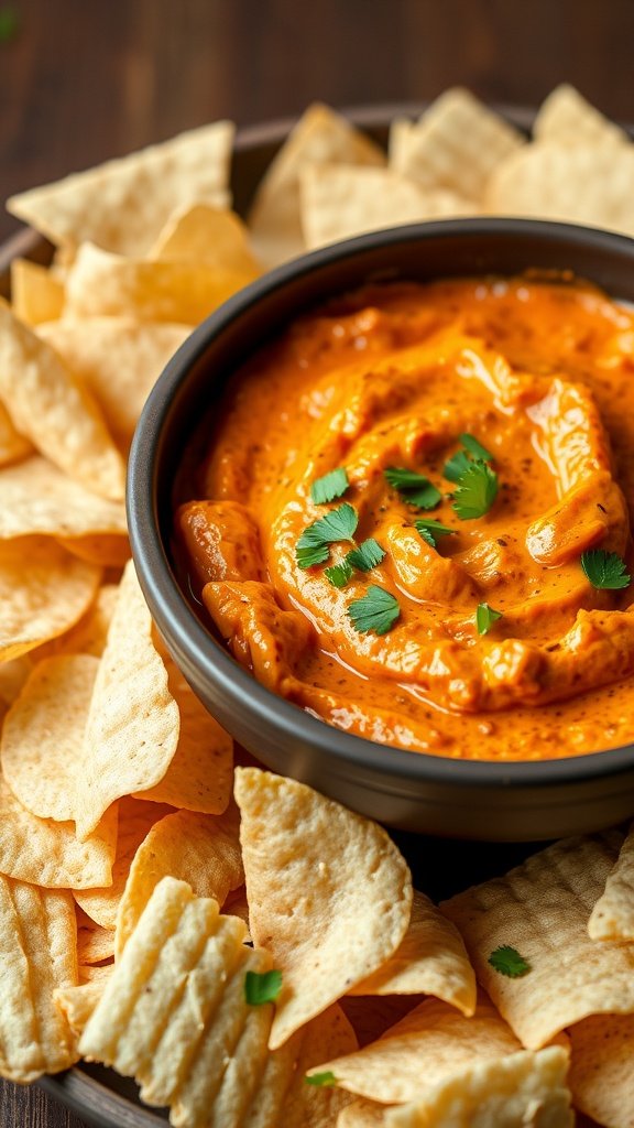 A bowl of creamy buffalo chicken dip surrounded by tortilla chips.