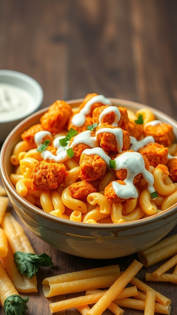 A bowl of buffalo chicken mac and cheese topped with ranch dressing and garnished with green onions, surrounded by pasta on a wooden surface.