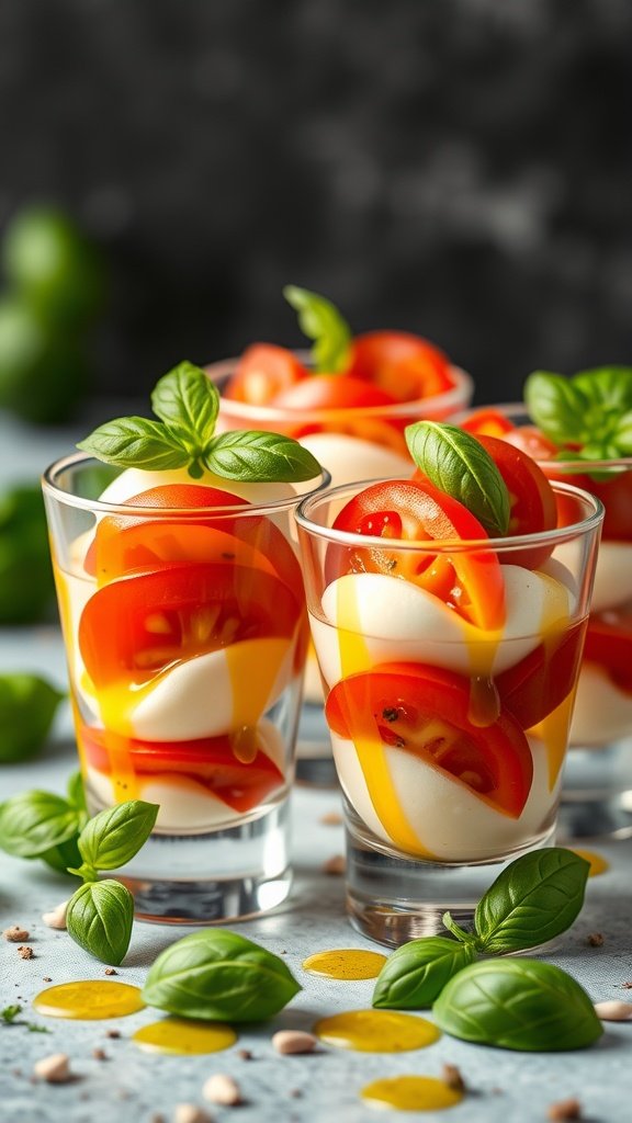 Caprese salad cups made with mozzarella, tomatoes, and basil
