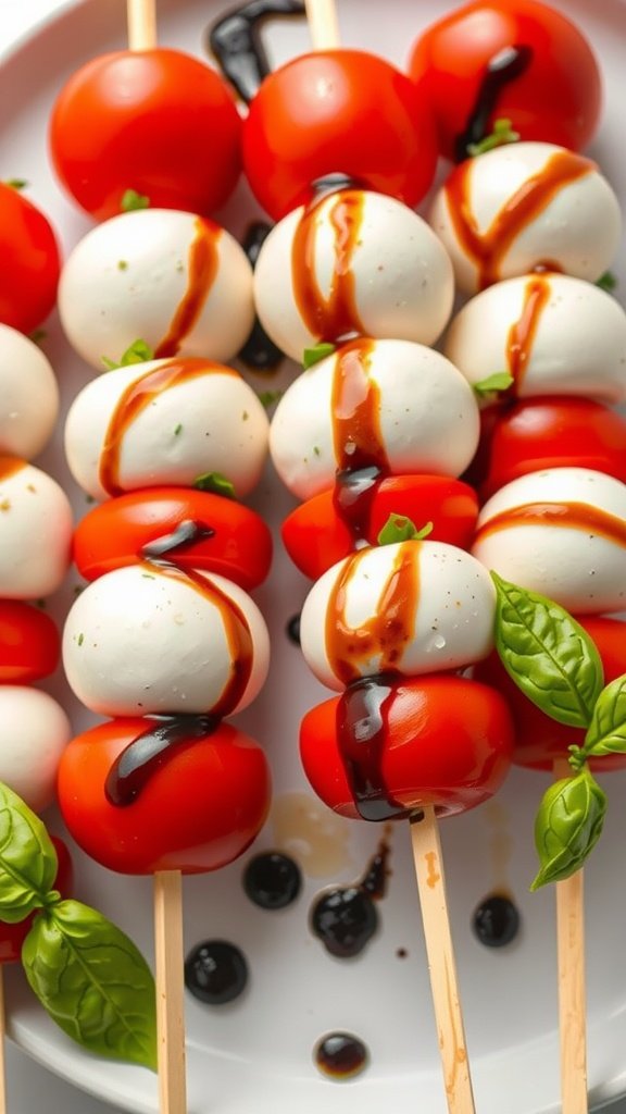 Caprese Salad on a Stick featuring cherry tomatoes, mozzarella balls, and basil on skewers