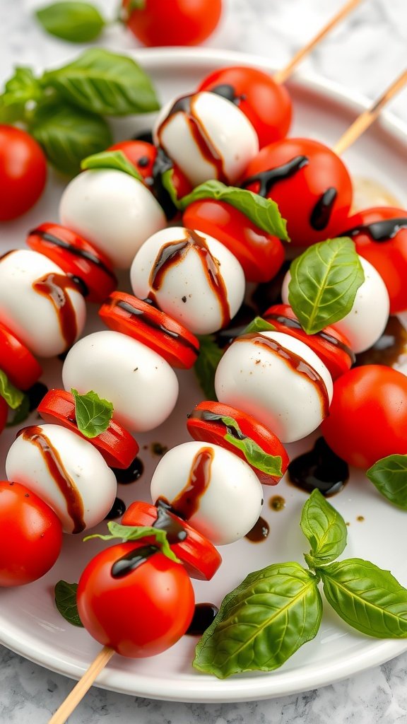 Caprese salad skewers with cherry tomatoes, mozzarella, and basil drizzled with balsamic glaze.